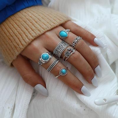 Bohemian Stijl Turkoois Rozenbloem Totem 7-delige Ringen Set voor Vrouwen