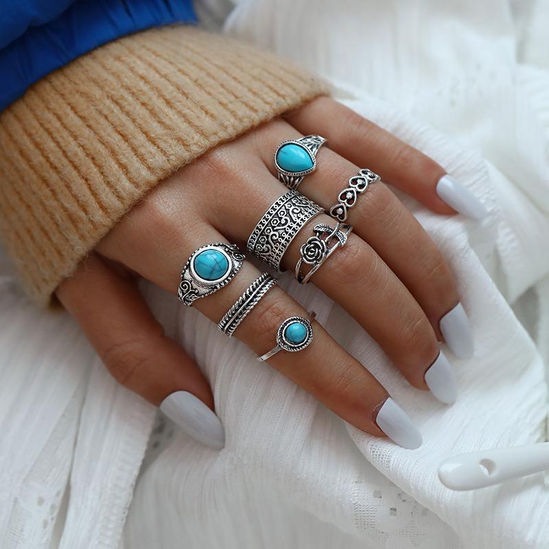 

Bohemian Style Turquoise Rose Flower Totem 7-Piece Ring Set for Women