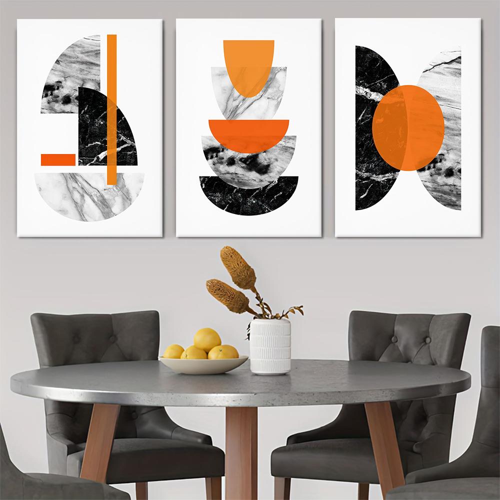 

3 pieces of modern minimalist abstract geometric canvas decorative paintings with black and white marble texture, orange lines, (as the picture,20x30cm No Frame)