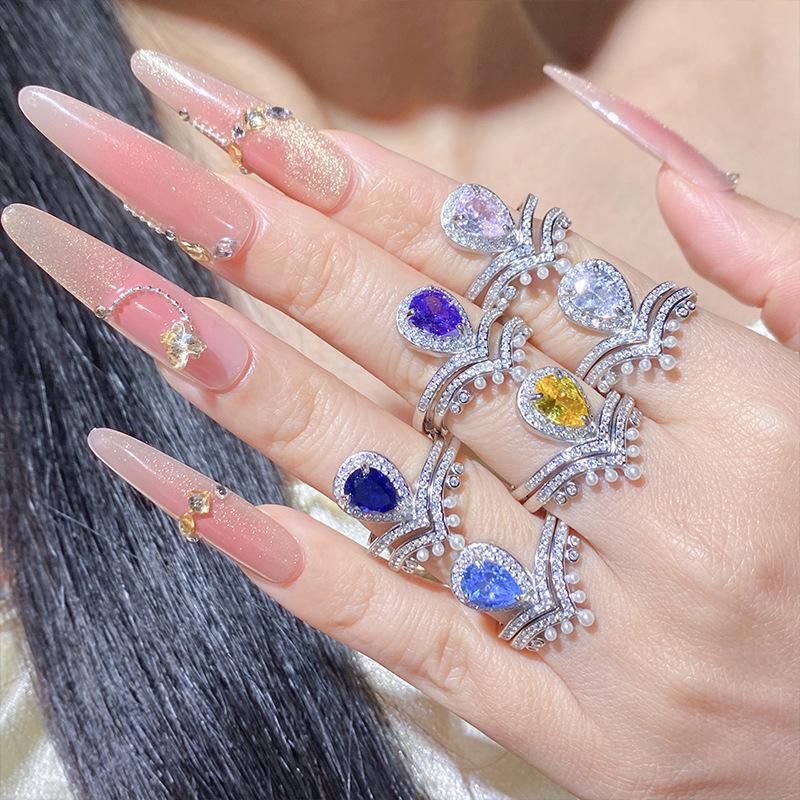 Clear Sky S925 Silver V-Crown Yellow Zircon Drop Ring: Luxury Stackable Double Layer Women's Ring