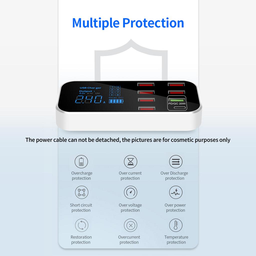 A9S+ 8 Port Car Charger with LED Display Type C QC3.0 Quick Charging Intelligent Portable Safe Vehicle Charger Station
