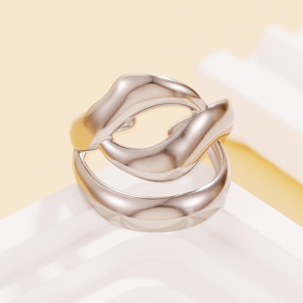 Personalized Geometric Thick Lines Open Ring in Vacuum-Plated Gold Stainless Steel