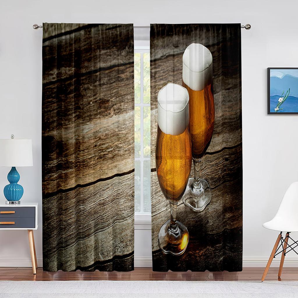 Glasses of Beer and Ale Barrel on Wooden Table Tulle Curtains for Living Room Bedroom Decor Chiffon Sheer Voile Kitchen Curtain