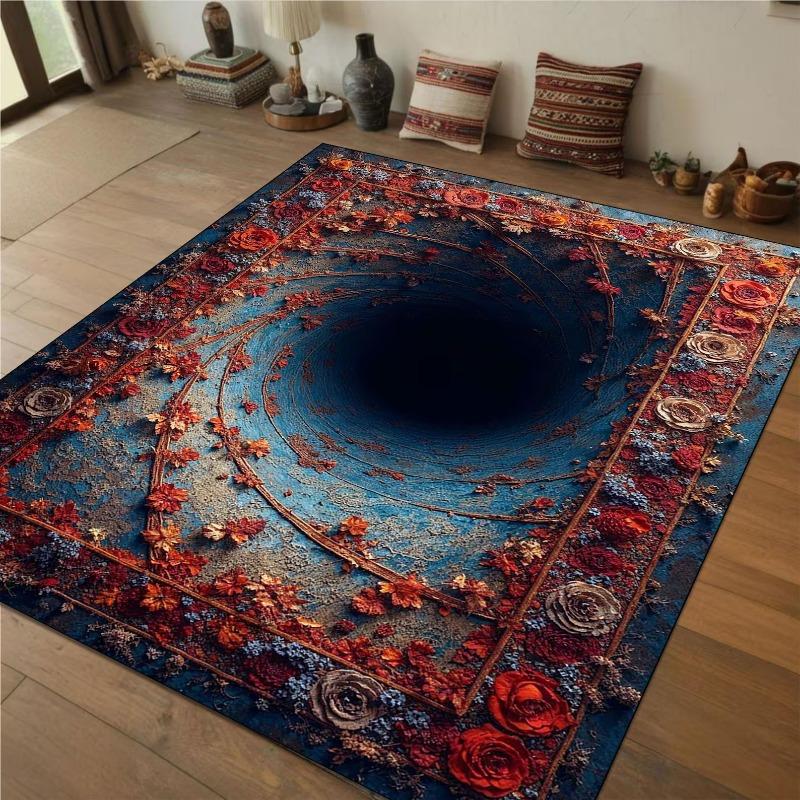 Floral Swirl Optical Illusion Rug Deep 3D Black Hole Rug Unique Home & Office Decor Trippy Aesthetic Floor Mat Living Room Rug