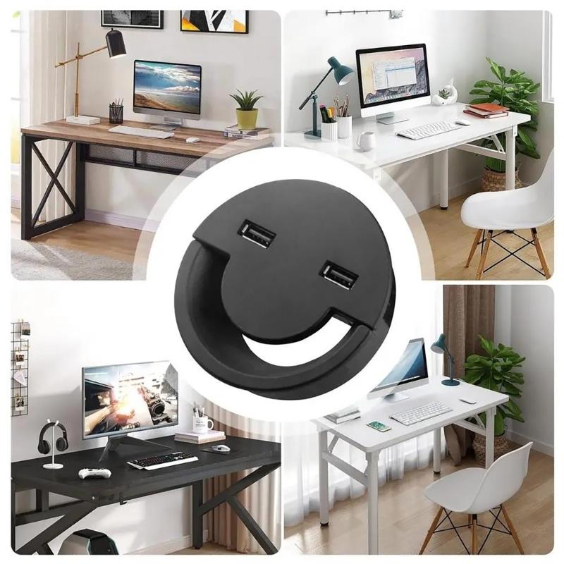Round Wire Hole Cover Home Office Table Outlet Box Computer Desk Cord Grommet With 2 Port USB Cable Organization Case