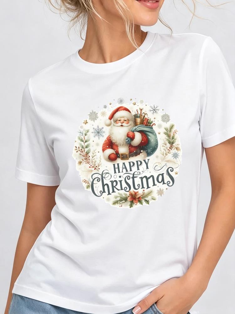 (Asian Size) Tree Printing Christmas New Year Clothing T Shirt Women Fashion Festival Tee Top Print Female Woman Short Sleeve Graphic T-shirts