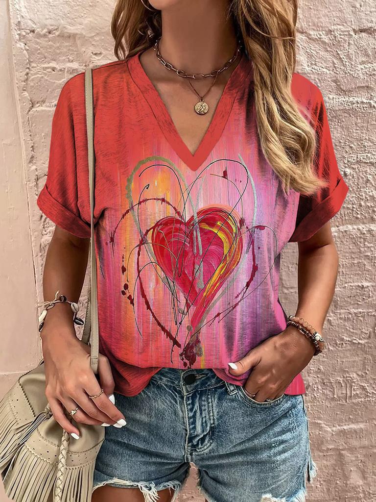 2025 New Summer Women's V-Neck T-Shirt Outdoor Casual Short Sleeve Tops Fashion Love Style Pattern OverSize Women's Clothing