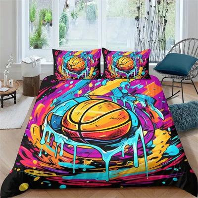 Cartoon Basketball Duvet Cover Set Twin, Sports Colorful Bedding Sets For Boys Teens, Basketball Comforter Covers Bedroom Decor