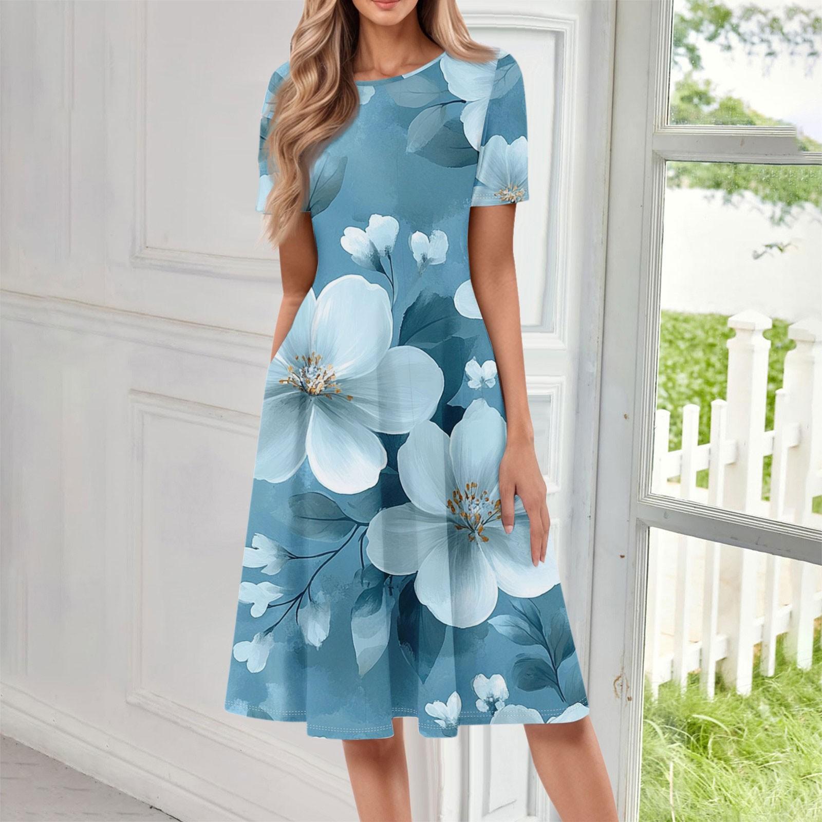 

Женское повседневное модное платье миди с круглым вырезом и коротким рукавом с цветочным принтом XXL