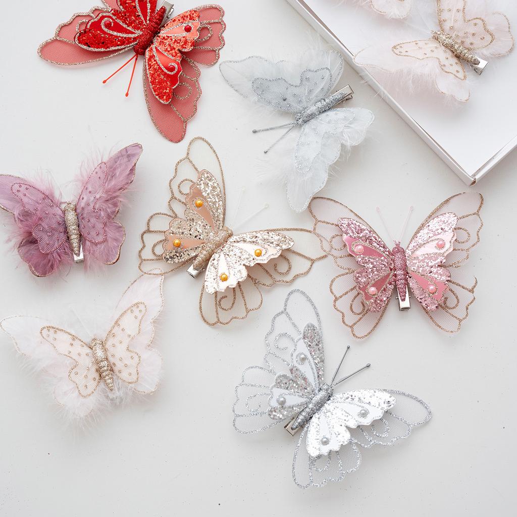 3PCS simulation double layer sequin feather butterfly pendant Christmas tree decoration pendant combination set  embellishment