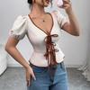 Neue Sommer-Mode Einfarbig Ausgeschnittenes Hemd Damen Sexy V-Ausschnitt Puffärmel Schnür-Tops Schicke Damen Casual Taillenbluse Streetwear