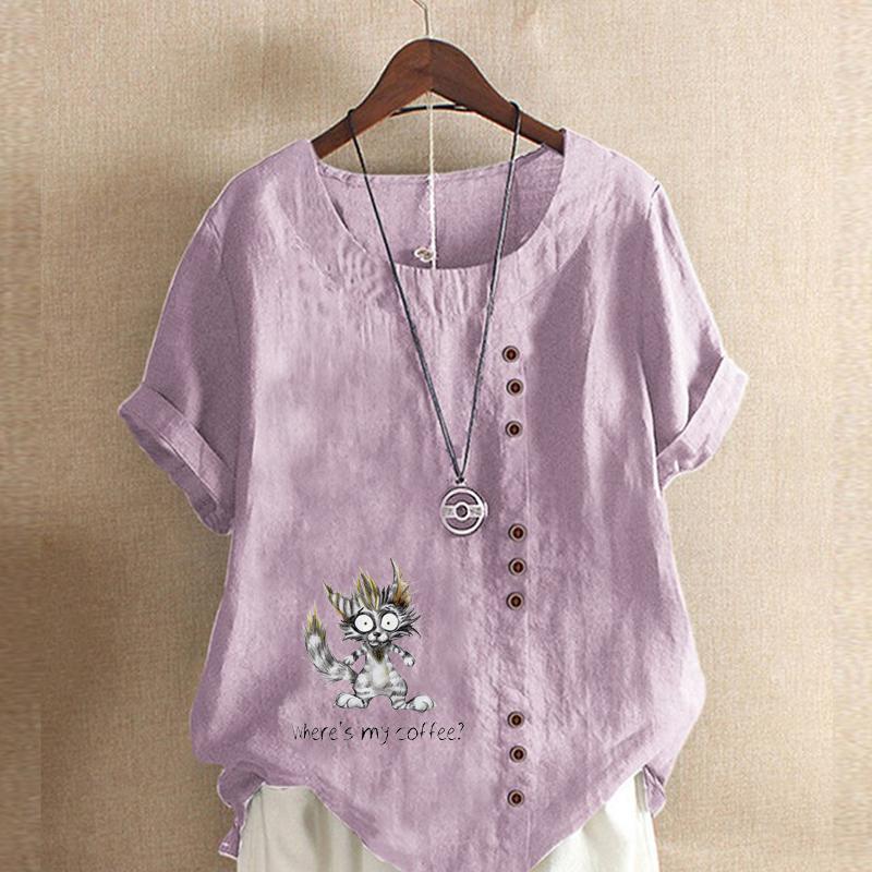 Women's Fashion Cartoon Cat Prined Short Sleeve T-shirt Loose Cotton Shirt Casual Loose Summer Blouse Tops Plus Size