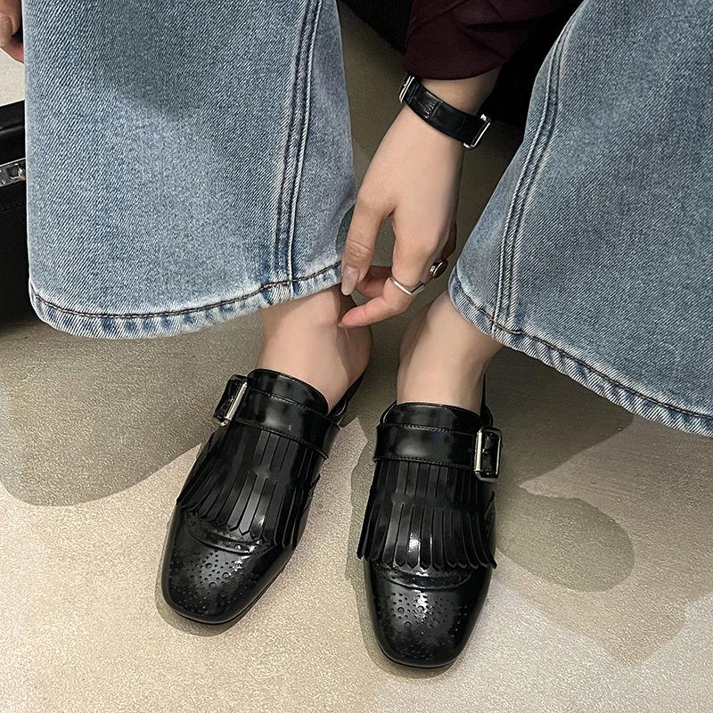 Fashion 2025 NEW Summer Mules Women Sandals Shoes for Women Square Toe Low Heel Women Slippers Cover Toe Slingback Tassels Sandals