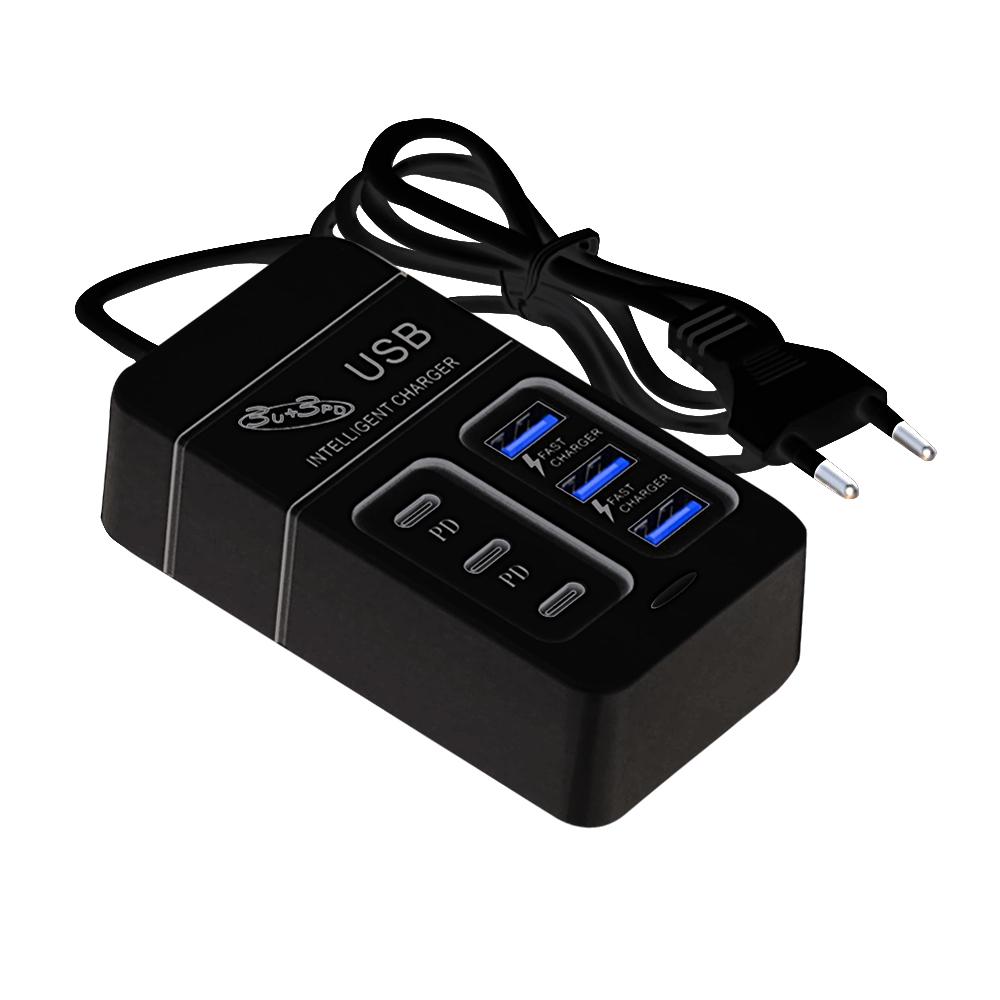 6-in-1 Surge Protector 6-Outlet Extender with 3 USB & 3 Type C Ports Power Strip Multi Plug Outlets Wall Adapter Spaced for Home