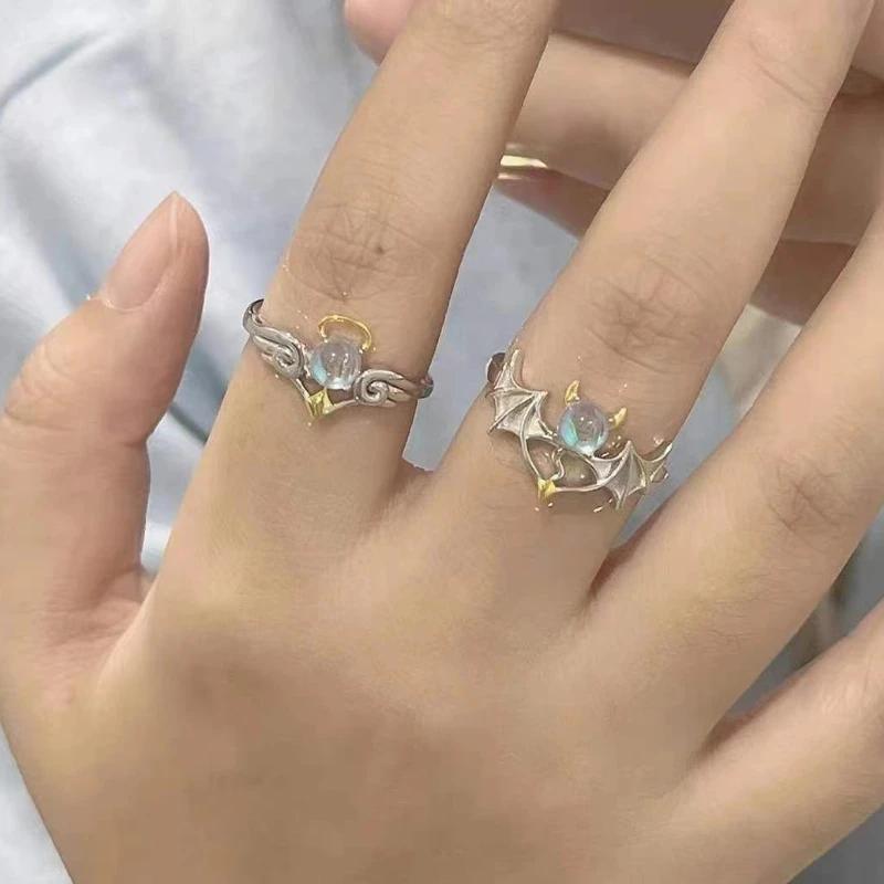 Angel and Demon Couple Cartoon Ring Moonlight Stone Gift for Male and Female Friends Opening Ring Adjustable Lovers Jewelry Gift