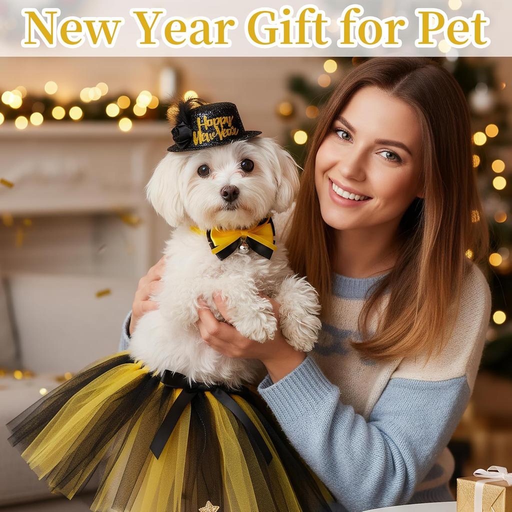 3 Pcs New Year Dog Costume Set Including New Year Dog Hat Tutu Dress Cute Pet Bowtie for Medium Dog Holiday Outfit Accessories