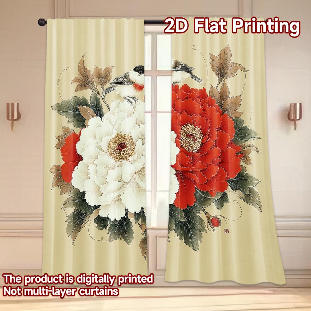 Set Of 2 Flat Printing Curtains Without Rod Floral Elegance Birds Women Is Day Festival Creative Fabric Curtain Made Polyester