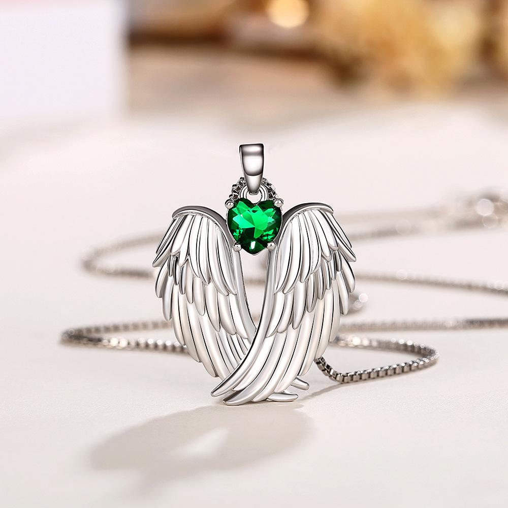 Silver Plated Angel Wings & Green Heart CZ Pendant Necklace, Romantic Box Chain Necklace for Women
