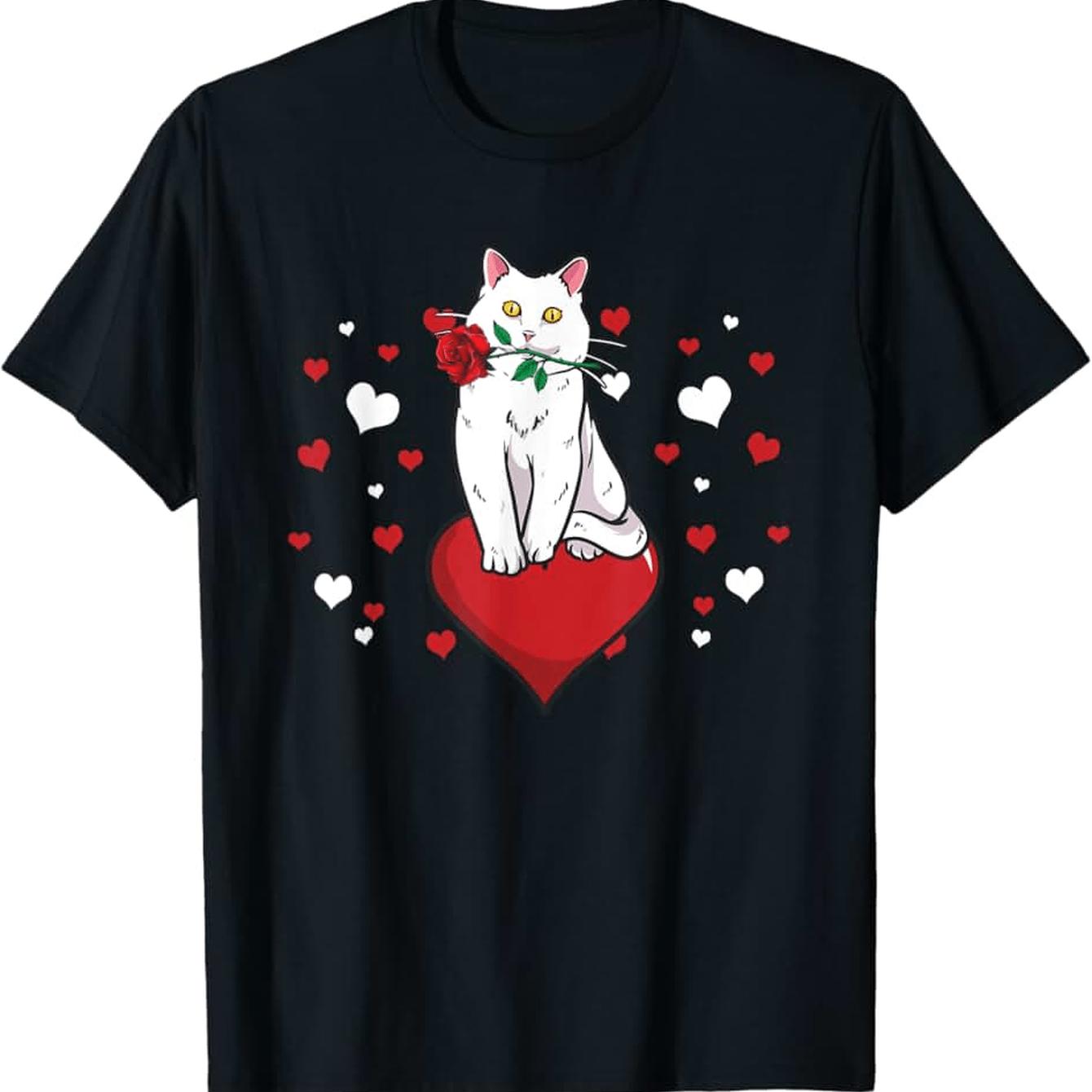

White Cat With Rose Hearts Valentines Day Graphic T-Shirt Men Women Casual Cotton Tee for Pets Owner 4XL