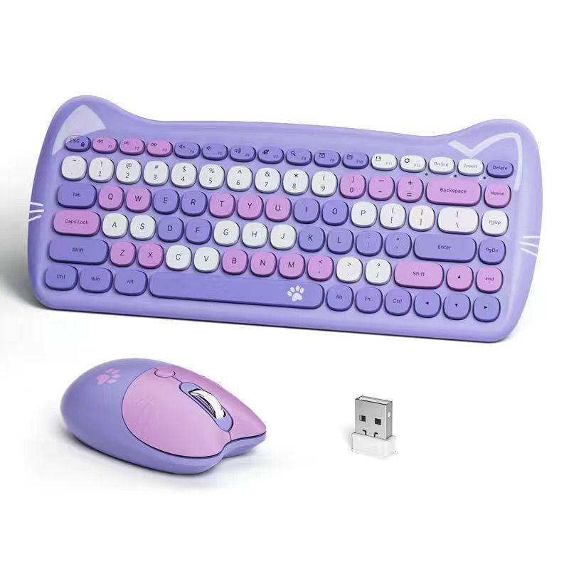 Adorable Kitty Cat Wireless Keyboard and Mouse Set with Pink Sakura Design and Cute Cat Ears - Perfect Silent Gift Box for Girls