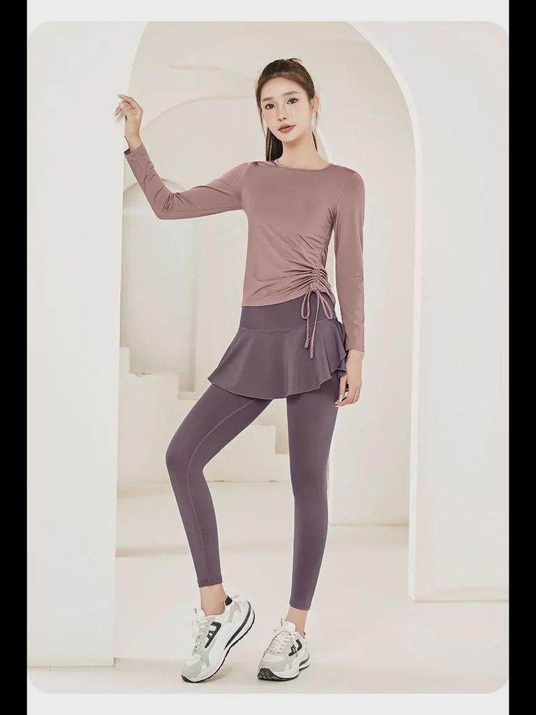 Two-Piece Women's Yoga Skirt Set: Long Sleeve Sports Top for Running, Fitness, and Pilates
