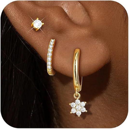 4PCS Fashion Zircon Round Hoop Earring Set Women Temperament Flower Ear Stud Huggie Earring Tragus Piercing Cartilage Jewelry