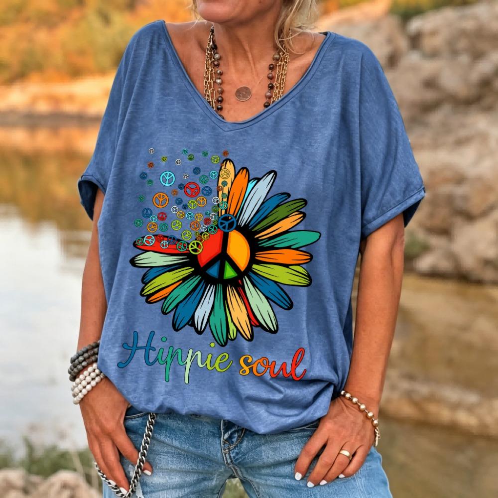 Women s Hippie Soul Peace Daisy T-Shirt Retro Boho Flower Print V-Neck Short Sleeve Loose Fit Casual Summer S
