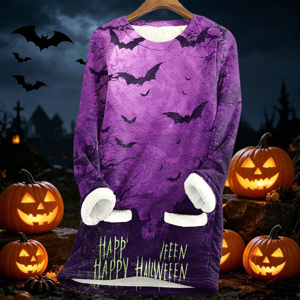 Womens Long Sleeve Fleece Lined Pullover Dress Halloween Pumpkin Print Thick Sherpa Sweatshirt Tunic for Fall Winter