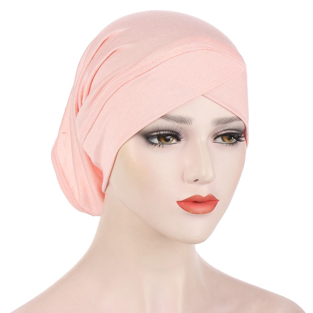 Solid Color Frontal Cross Women Muslim Hijab Caps Wrap Head Soft Elastic Turban Bonnet Chemo Cap Fashion Headdress Wearable