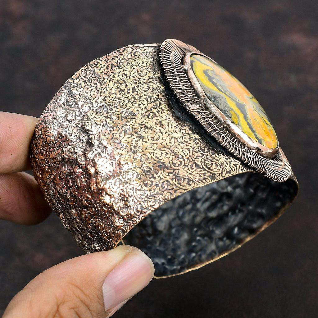 Bumble Bee Jasper Cuff Bracelet Copper Wire Wrapped Gemstone Jewelry Handmade Adjustable Cuff Bracelet Wedding Gift Copper Wire Wrap Bangle