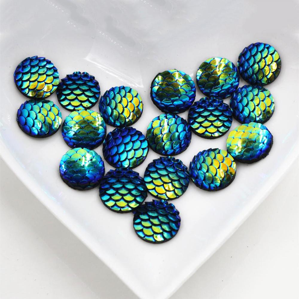40pcs 8mm 10mm 12mm Mix Colors Mermaid Fish Scale Flat back Rhinestone Round Cabochon Embellishment Scrapbooking DIY Crafts