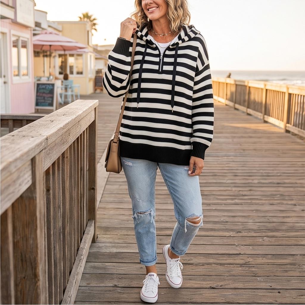 Maglione da donna vintage a righe con cappuccio e mezza zip