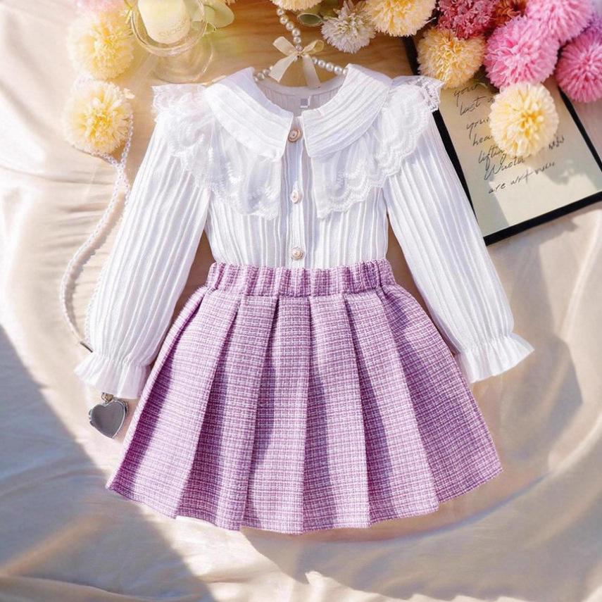 

Girls Fashion Two-Piece Set - Autumn Children s Sweet White Shirt + Pleated Skirt Set 7Y