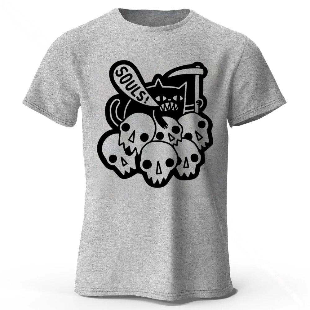 

Black Cat Printed Pure Cotton T-shirt for Harvesting Souls Men Fashion Casual Plus Size Short Sleeves Soft Tops S серый