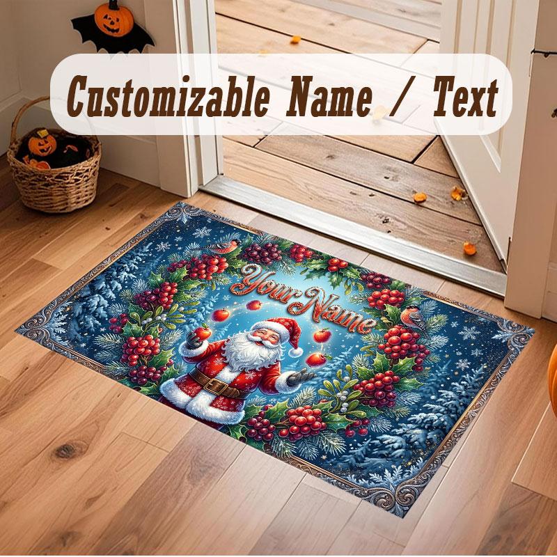 Christmas Winter Theme Crystal Velvet Floor Rug Personalized Custom Name Text Warm Carpet Home Decoration