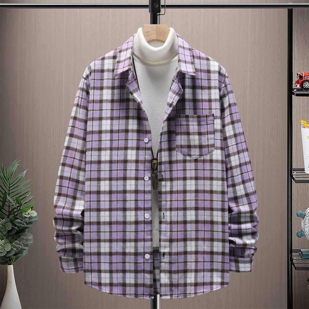 Men'S Long Sleeved Shirt Men'S Lapel Plaid Cardigan Long Sleeved Shirt