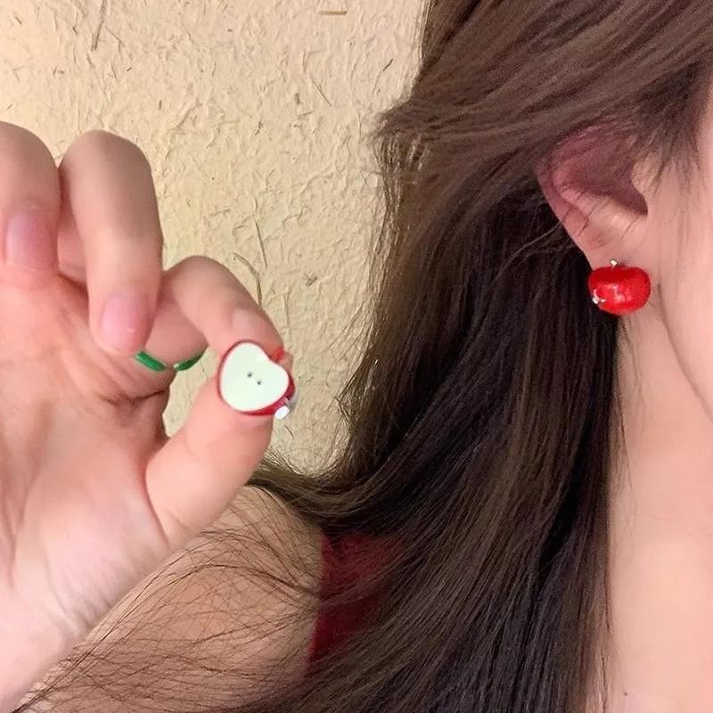 Y2K Cute Harajuku Cartoon Red Apple Fruit Stud Earrings for Women 2026 Trendy Vintage Aesthetic Earrings 2000s Jewelry Decor