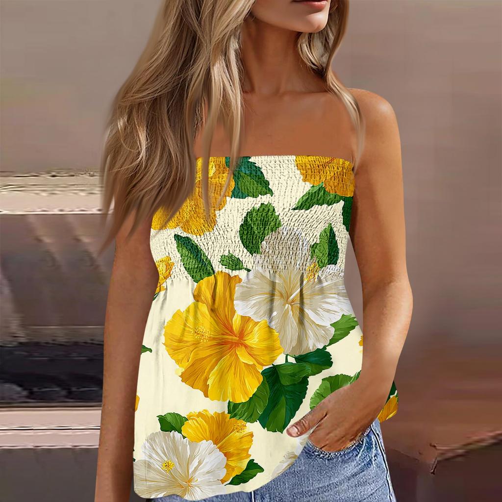Women's Summer Fashion Strapless Top, Cute and Sexy Off-Shoulder Hawaiian Print Sleeveless T-Shirt