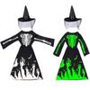 Glow in The Dark Skeleton Ghostly Witch Costume Witch Hat,Ghosty Skeleton Dress Cosplay Halloween Costume Kids Girls