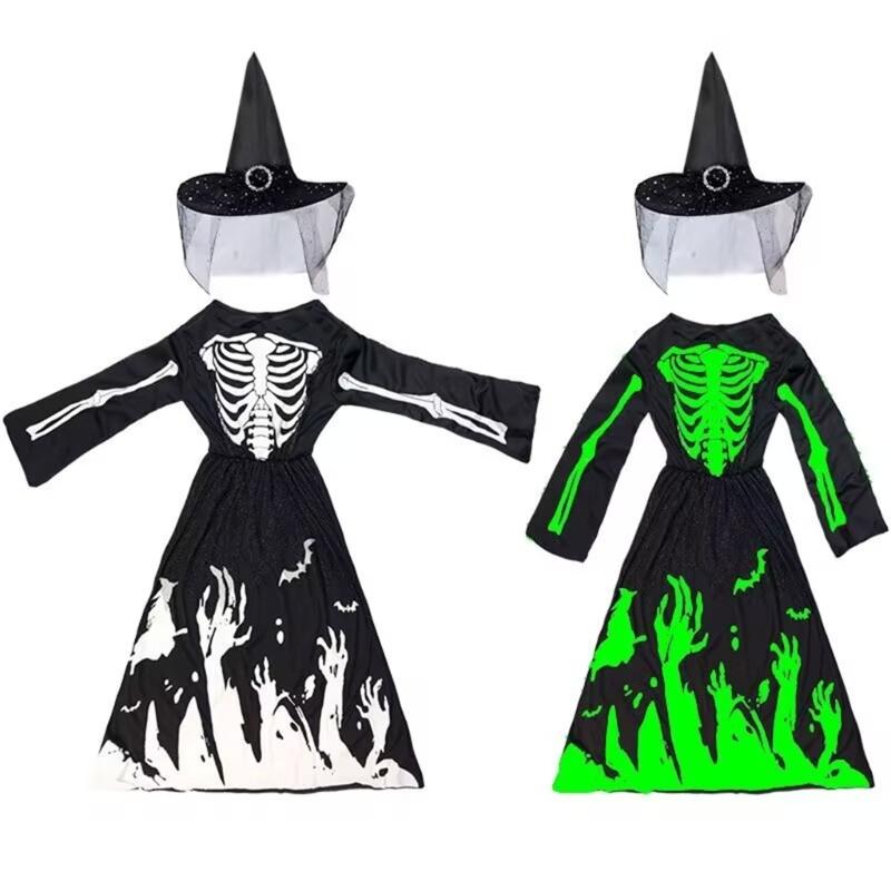 Glow in The Dark Skeleton Ghostly Witch Costume Witch Hat,Ghosty Skeleton Dress Cosplay Halloween Costume Kids Girls
