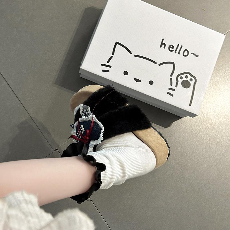 Cute Girl Heart Bow Fluffy Shoes Women's Autumn and Winter Fashion Korean Version Retro Thick-soled Cotton Slippers Tide