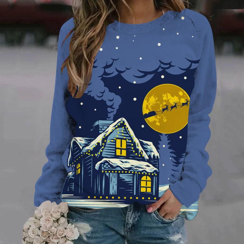 Womens Christmas Elk Print Crewneck Sweatshirt Casual Long Sleeve Top