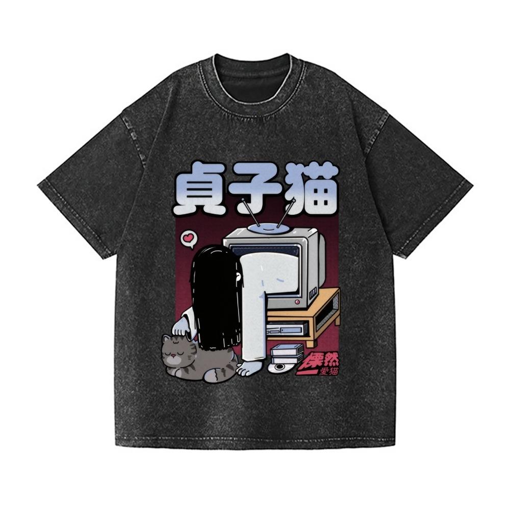 

Sadako Cat Vintage Wash Japanese Design T-Shirt Oversized Summer Short Sleeve O-neck Harajuku Sports Tees Man Clothings S