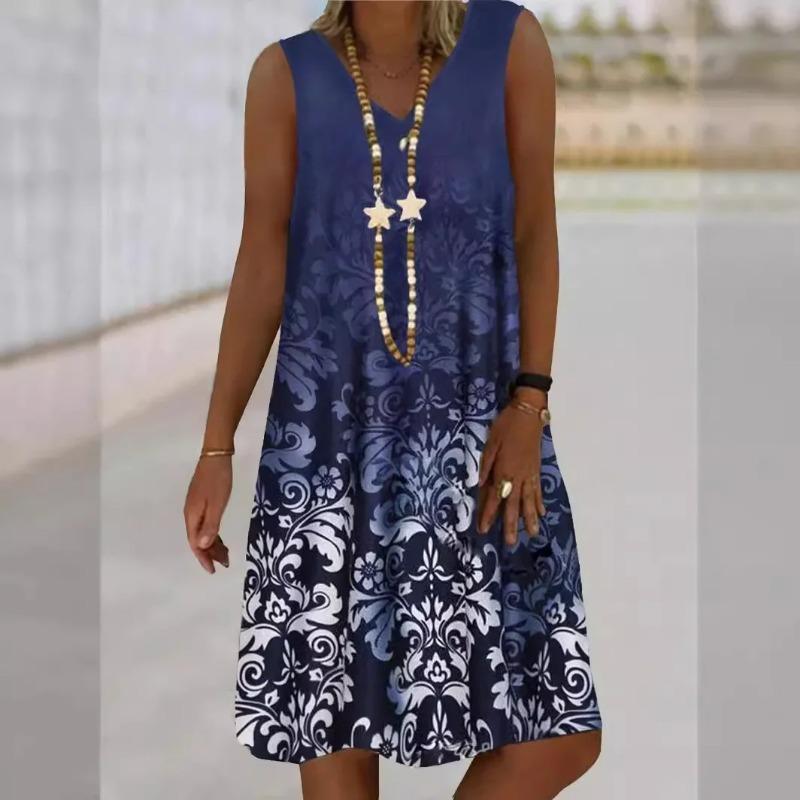 Irregular Printed Women's Sleeveless Dress with V-Neck and Loose Fit Perfect for Summer Vacation