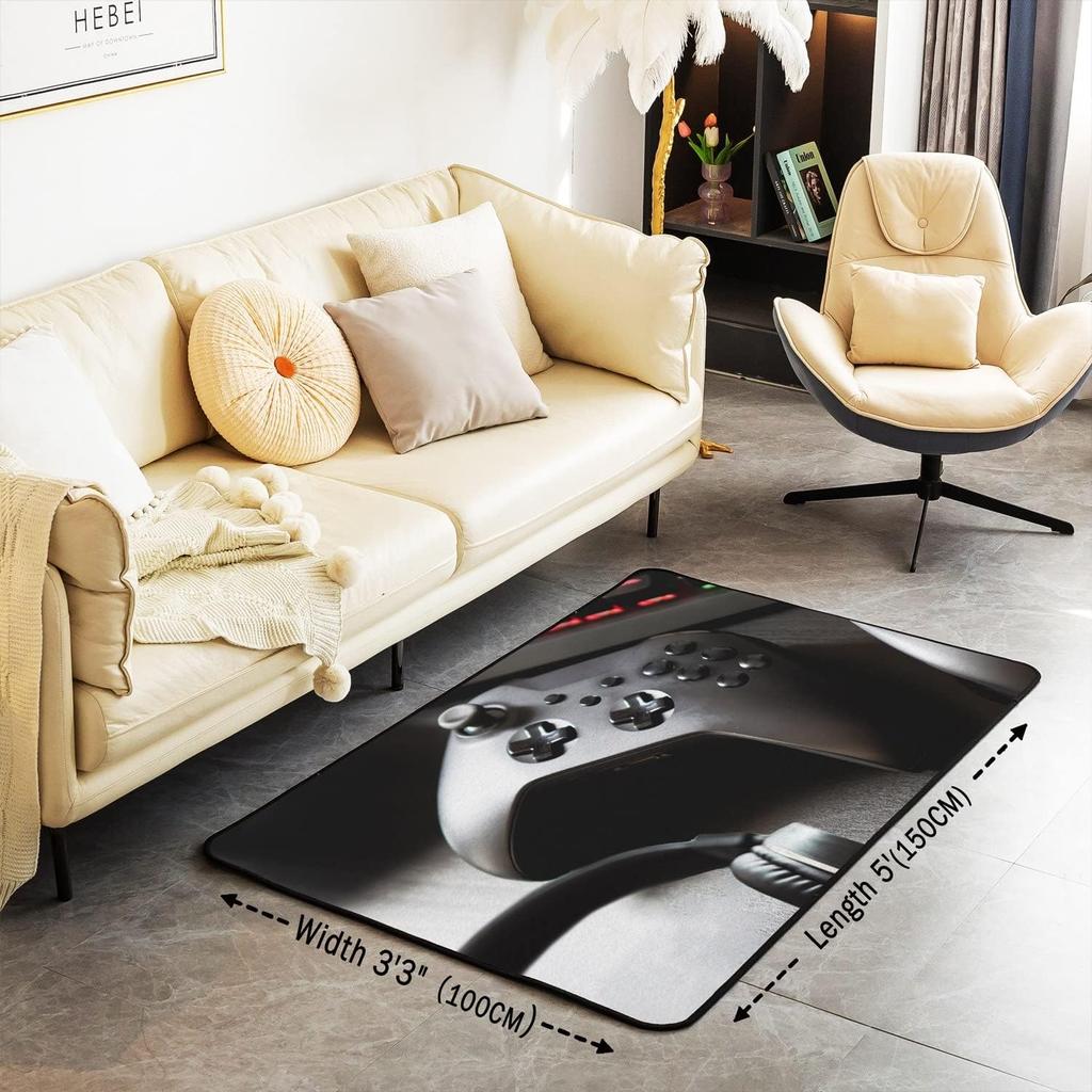 Gaming Controller Rug - Washable Video Game Carpet for Bedroom & Living Room, Black Gamer Floor Mat, Boys Game Room Decor