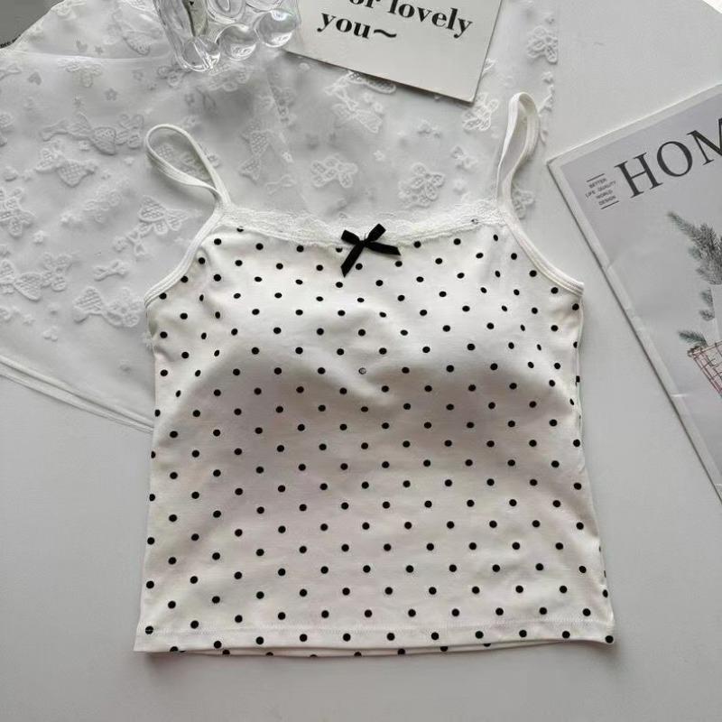 

Женский летний милый топ в горошек с кружевной кромкой, бант, новый внутренний слой, нижняя рубашка с бюстгальтером, тонкий, с открытой спиной, сексуальный, базовый укороченный топ One Size белый