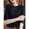 Round Neck Mid-Sleeve Knit Shirt for Women, New Summer Style, Retro Elegant Loose Plus-Size Top, Five-Quarter Sleeve T-Shirt, Base Shirt