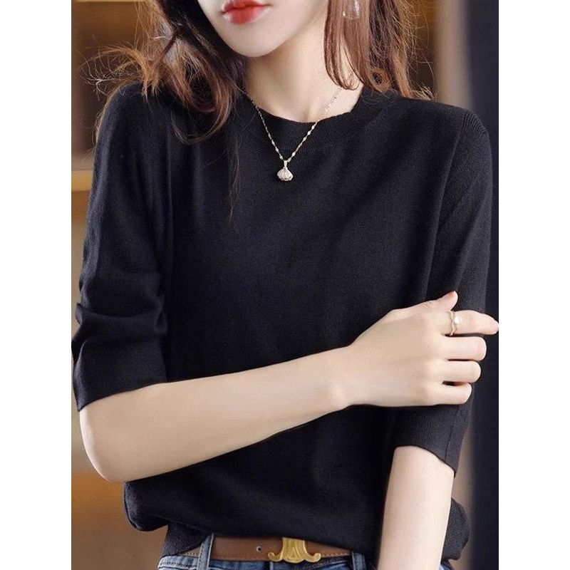 Round Neck Mid-Sleeve Knit Shirt for Women, New Summer Style, Retro Elegant Loose Plus-Size Top, Five-Quarter Sleeve T-Shirt, Base Shirt