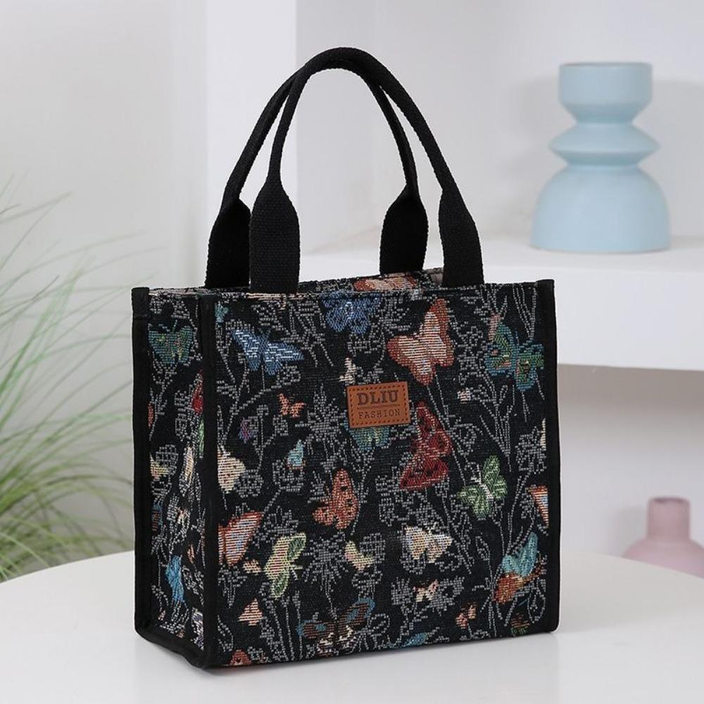 Fashion Canvas Lunch Bag Butterfly Print Waterproof Thermal Insulation Bag Large Capacity Tote Bag for Women