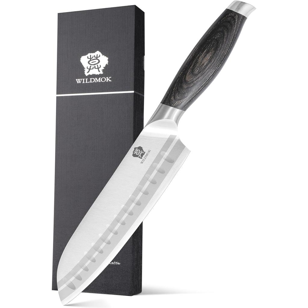 WILDMOK 7 Inch Stainless Steel Santoku Kitchen Knife with Black Pakkawood Handle 2025 Japanese Style